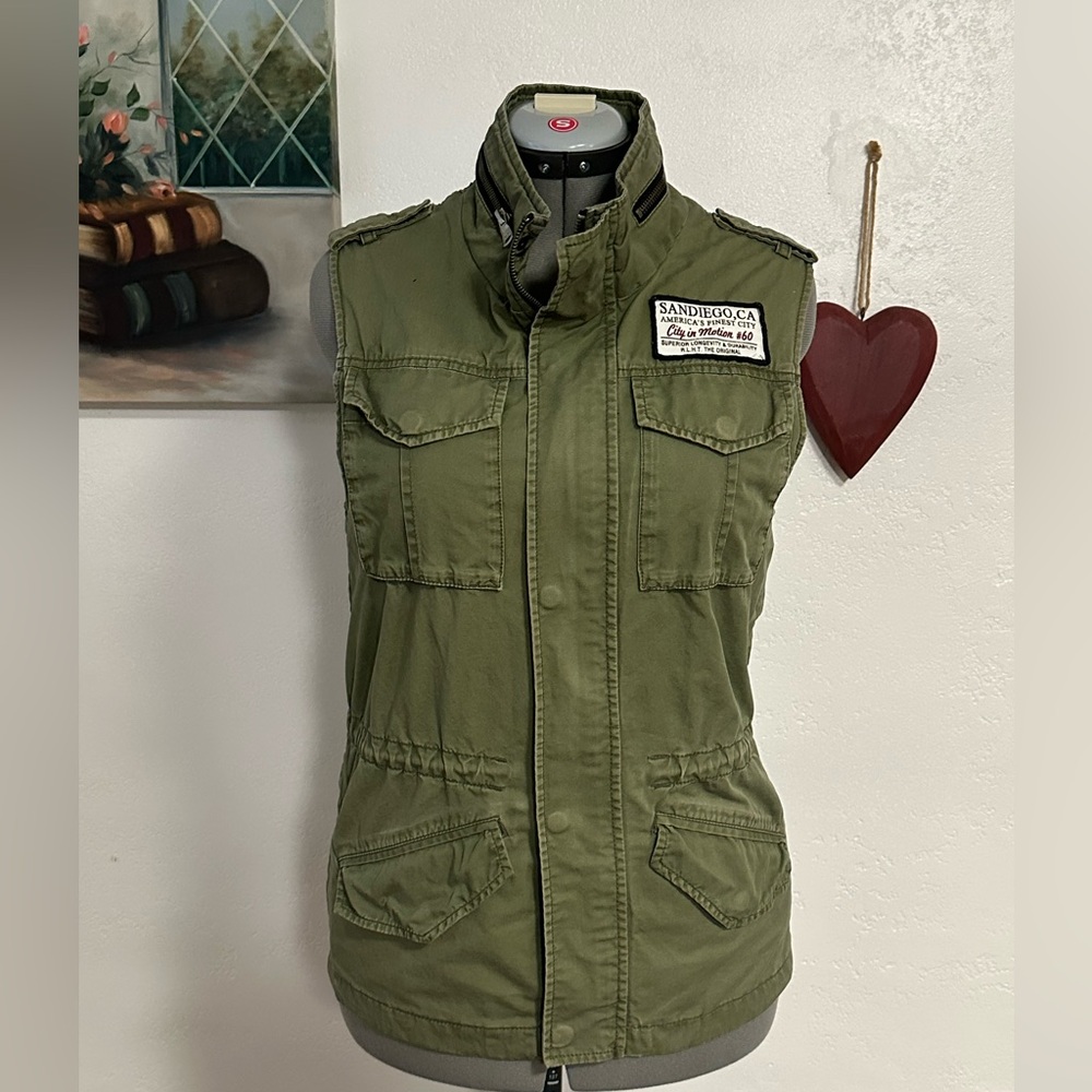 Vintage Hang Ten Utility Vest Sz S Olive Green San Diego Eagle Graphic Y2K Surf